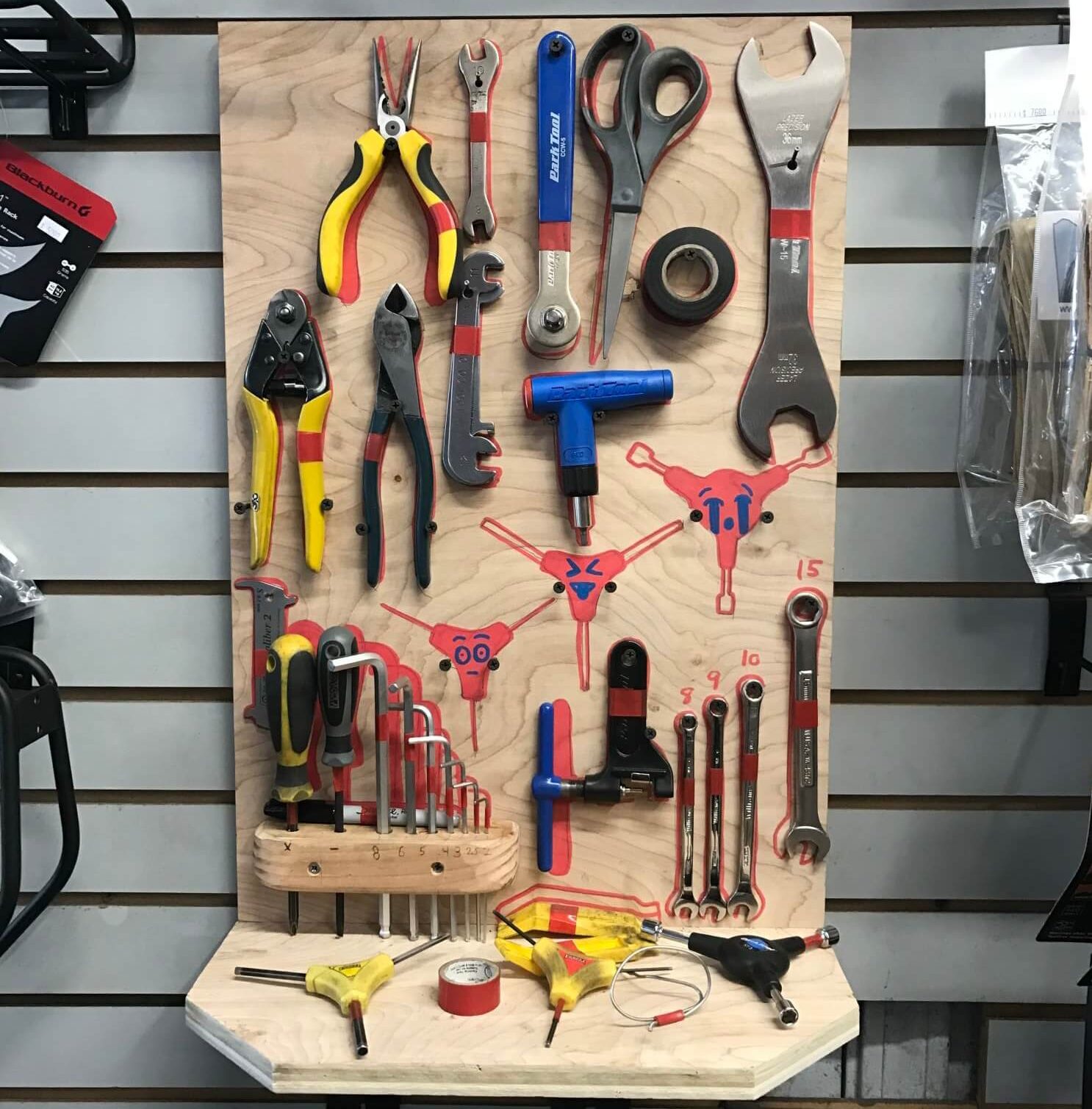 photograph of a tool board at Broadway Bicycle school